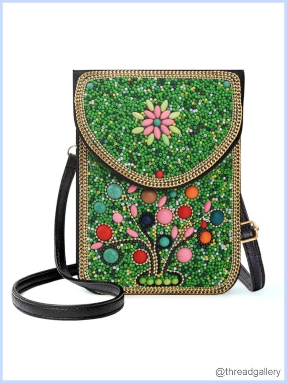 Handmade Beaded Crossbody Phone Bag with Metal Chain Adjustable Strap